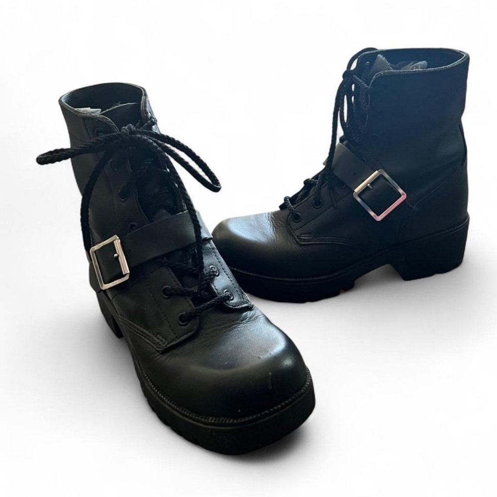 Double H black leather lace-up combat boots with buckle Size 7.5